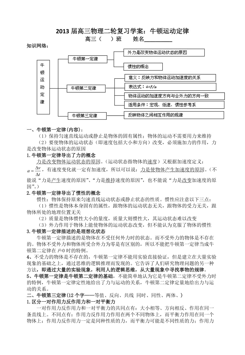 2016届高三物理二轮复习学案：牛顿运动定律.doc_第1页