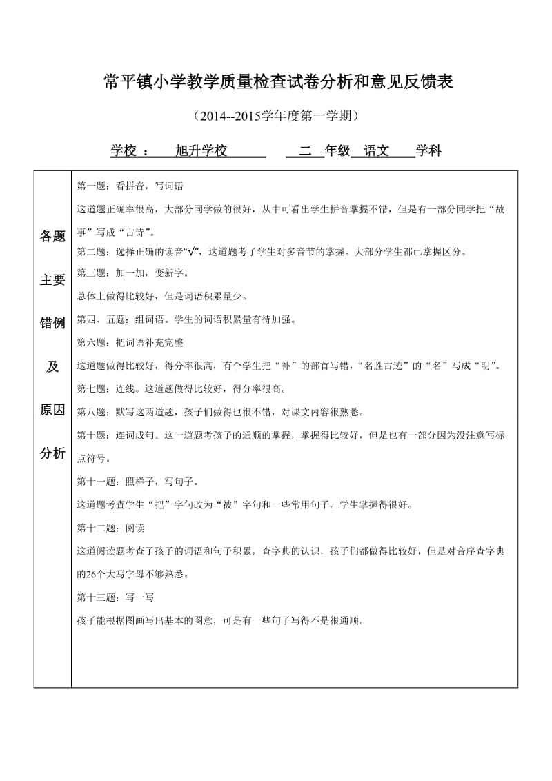 二年级语文教学质量检查试卷分析和意见反馈表.doc_第1页