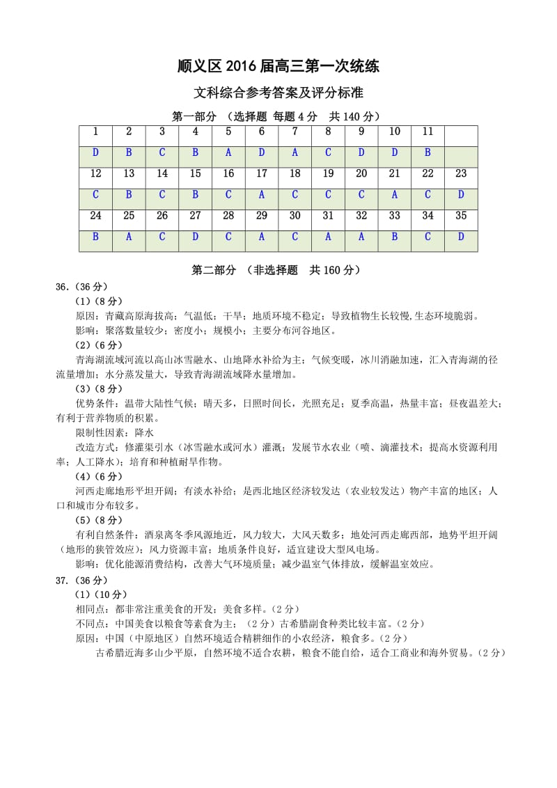 顺义区2016届高三第一学期期末文科综合参考答案.doc_第1页