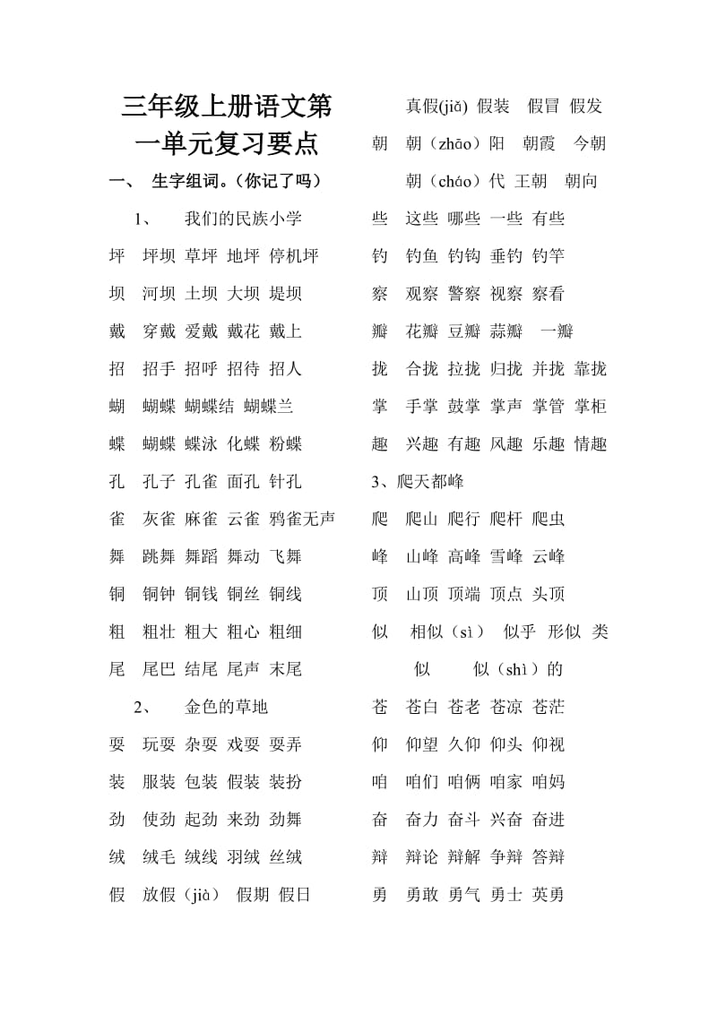 三年级上册语文第一单元复习要点.doc_第1页