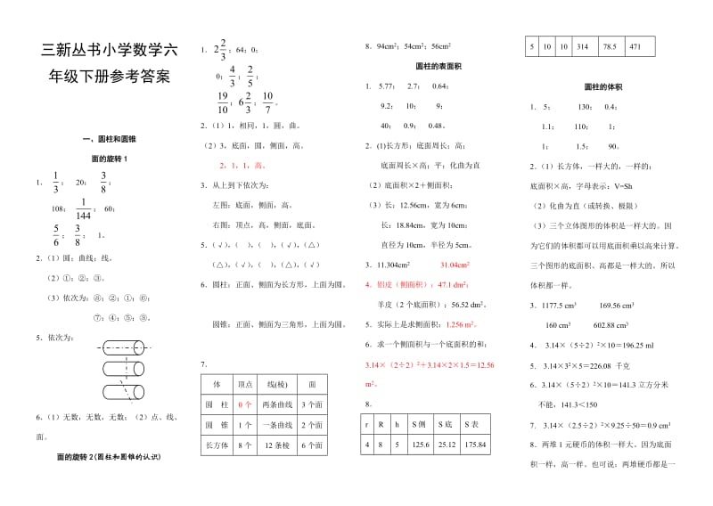 三新丛书2010春季小学数学6年级(下)答案.doc_第1页