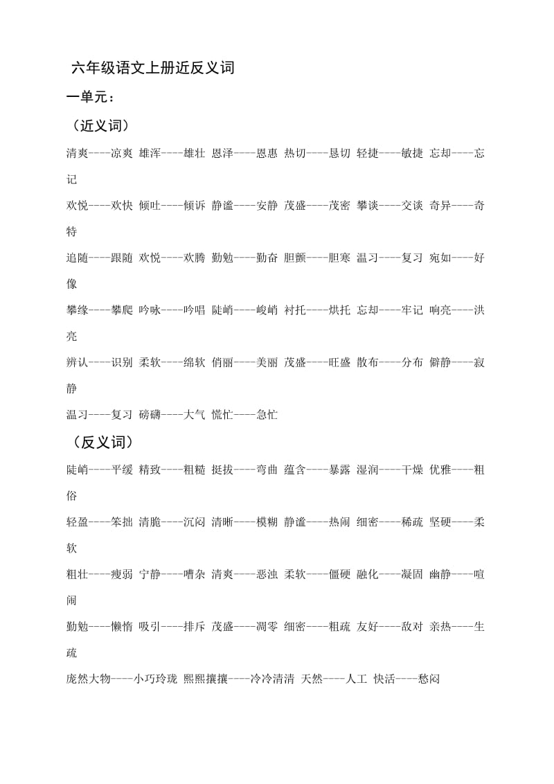 六年级上册按课文顺序近义词反义词.doc_第1页