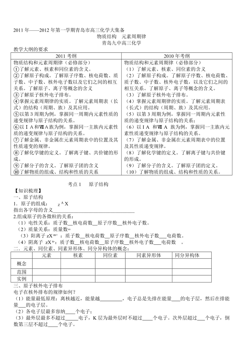 高三一轮复习物质结构必修模块青岛市大集备(青岛九中).doc_第1页