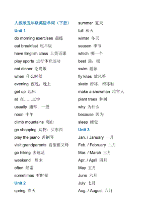 人教版小學五年級英語單詞表(下冊).docx