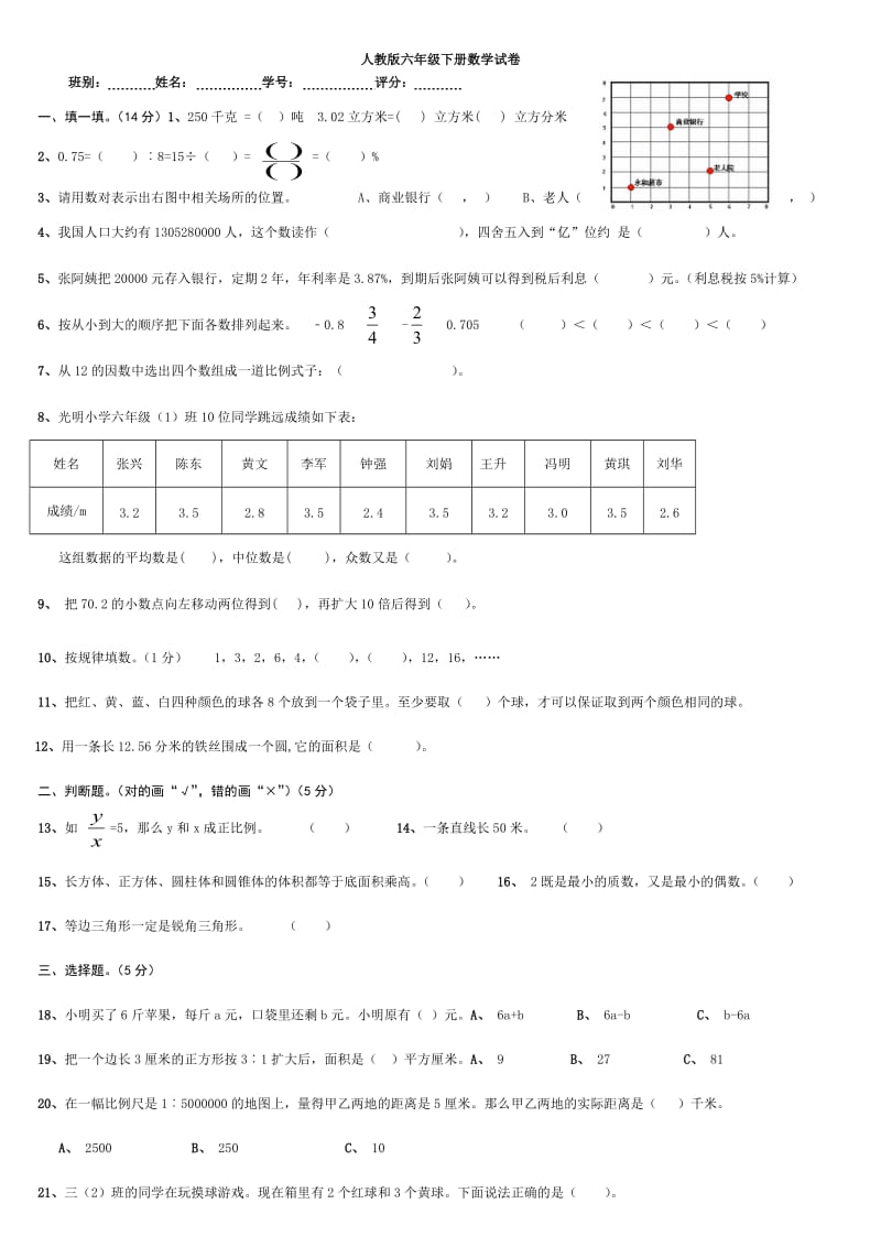 人教版六年级下册数学试卷.doc_第1页