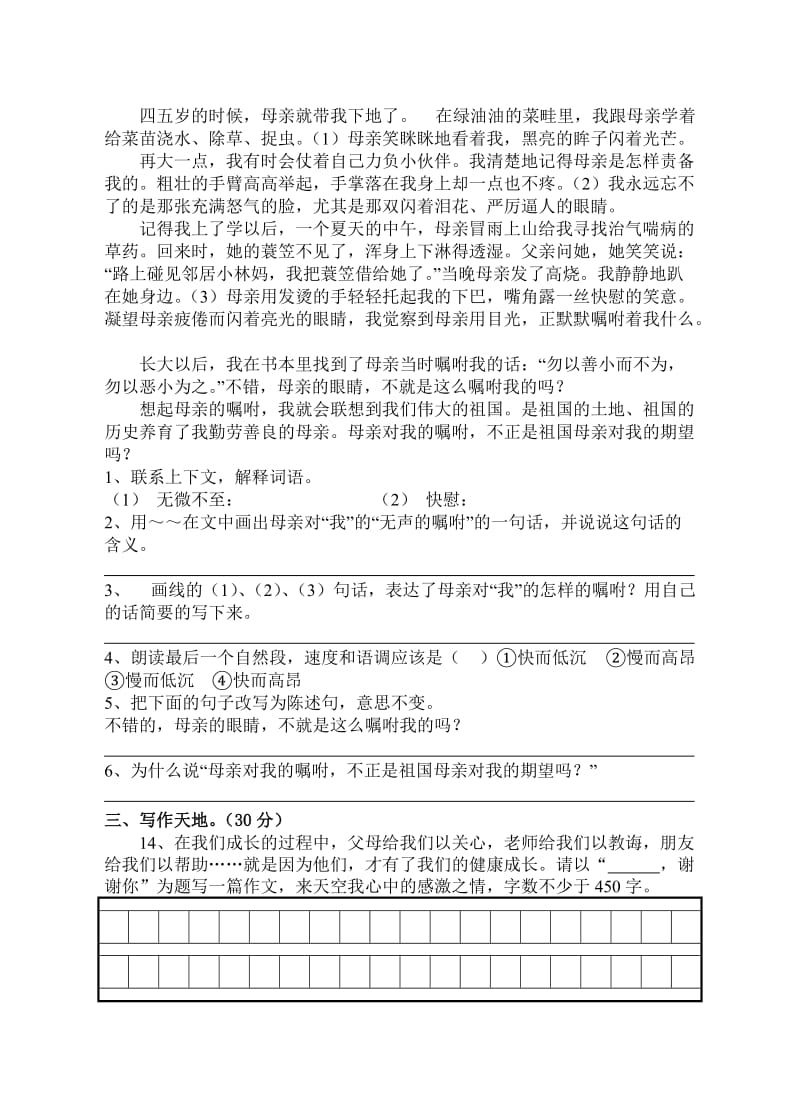 丹徒区世业实验学校小学毕业考试语文模拟试卷.doc_第3页