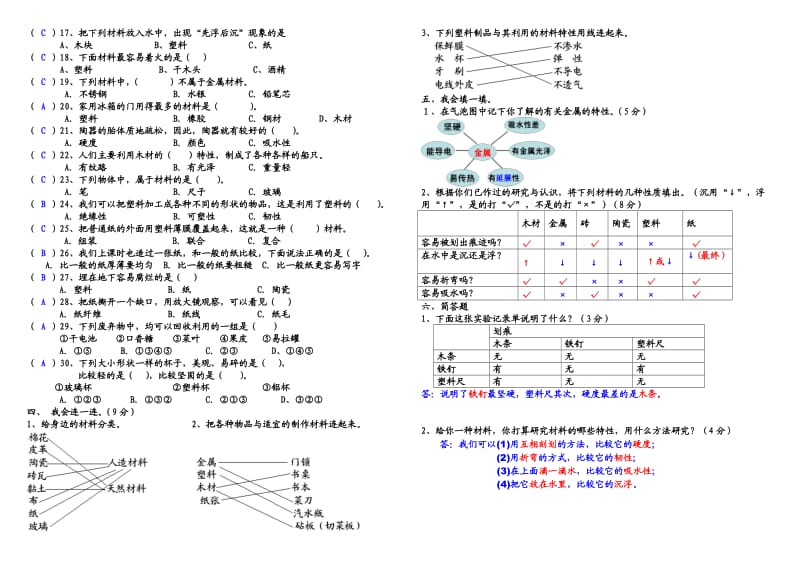 三年级科学第三单元我们身边的的材料练习题答案A3版.doc_第2页