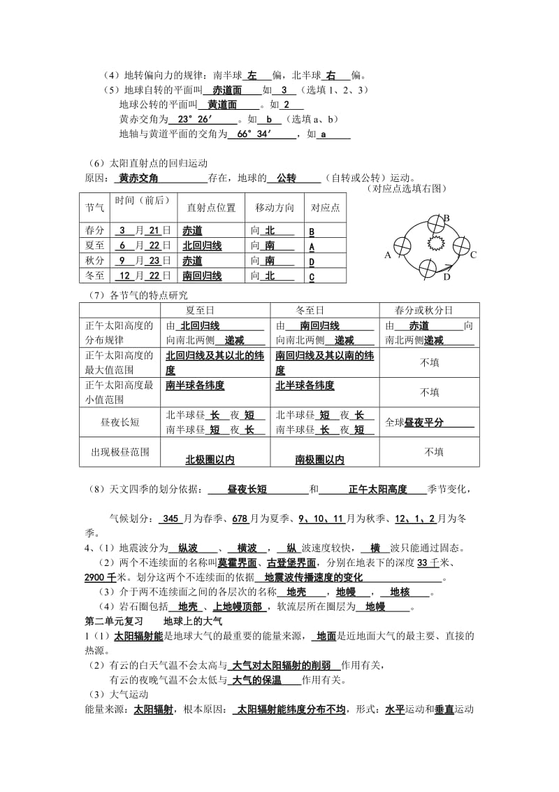 高一地理新课程人教版必修一复习提纲(答案).doc_第2页