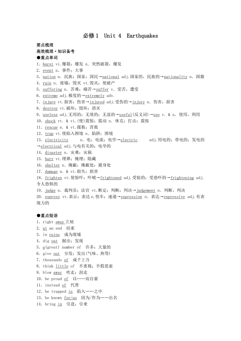 高考英语(人教版)要点梳理重点突破：必修1Unit4Earthquakes.doc_第1页