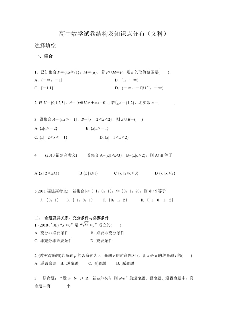 高中数学试卷结构及知识点分布-无答案.doc_第1页