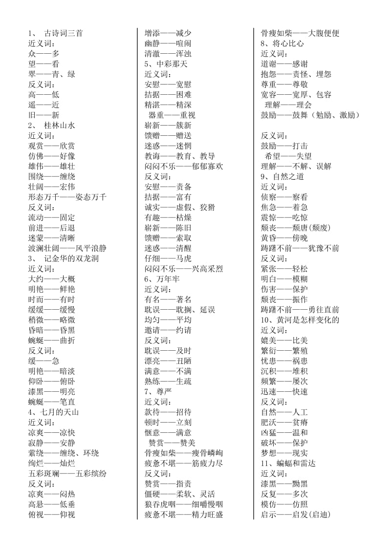 人教课标版四年级语文下册近反义词.doc_第1页