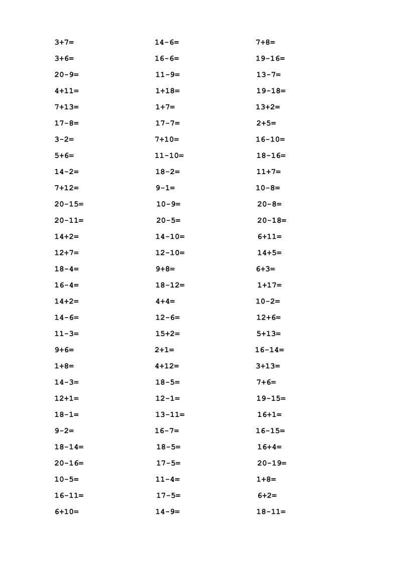 华文教育一年级20以内加减法口算题(1000道).doc_第3页