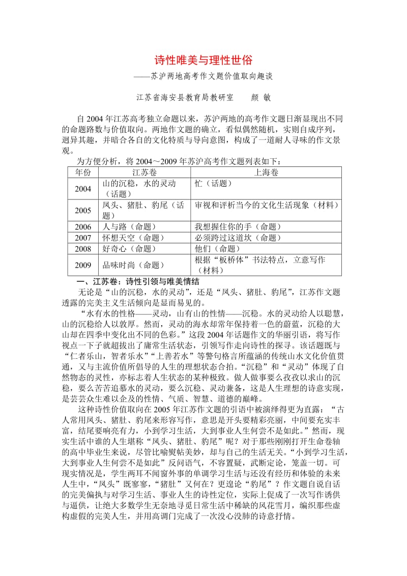 诗性唯美与理性世俗-苏沪两地高考作文题价值取向趣谈.doc_第1页