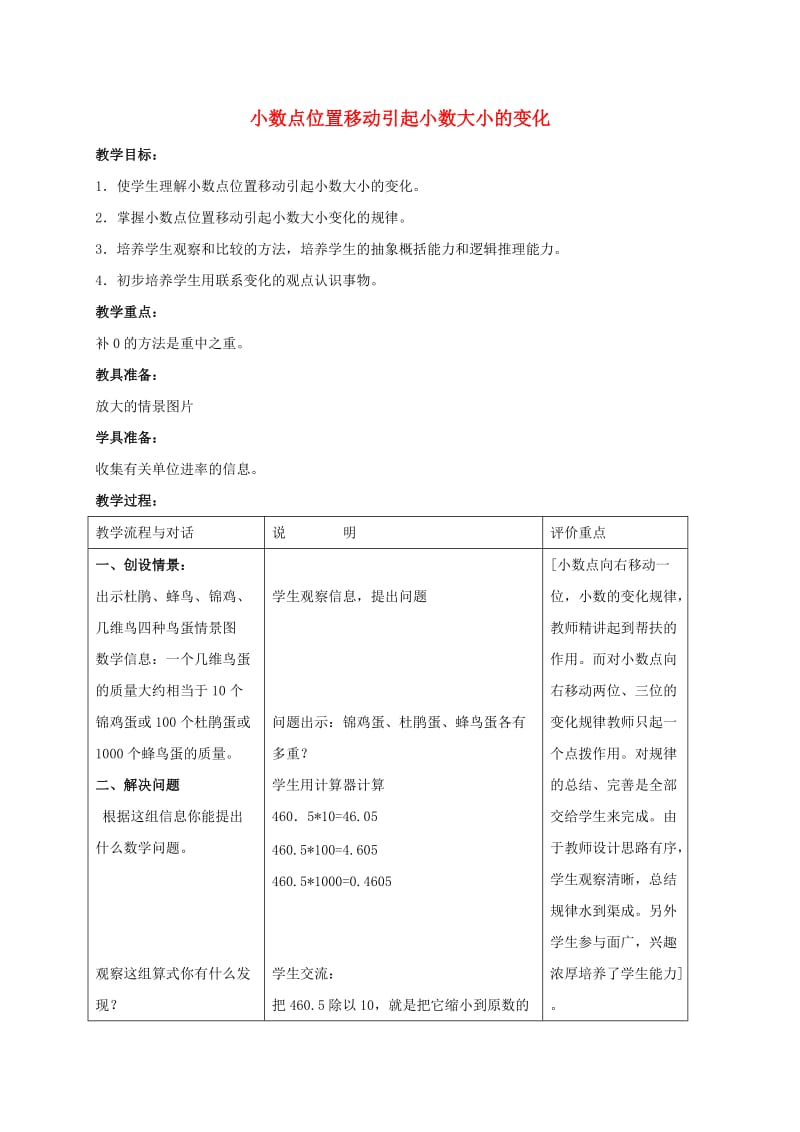 四年级数学上册小数点位置移动引起小数大小的变化教案青岛版五年制.doc_第1页