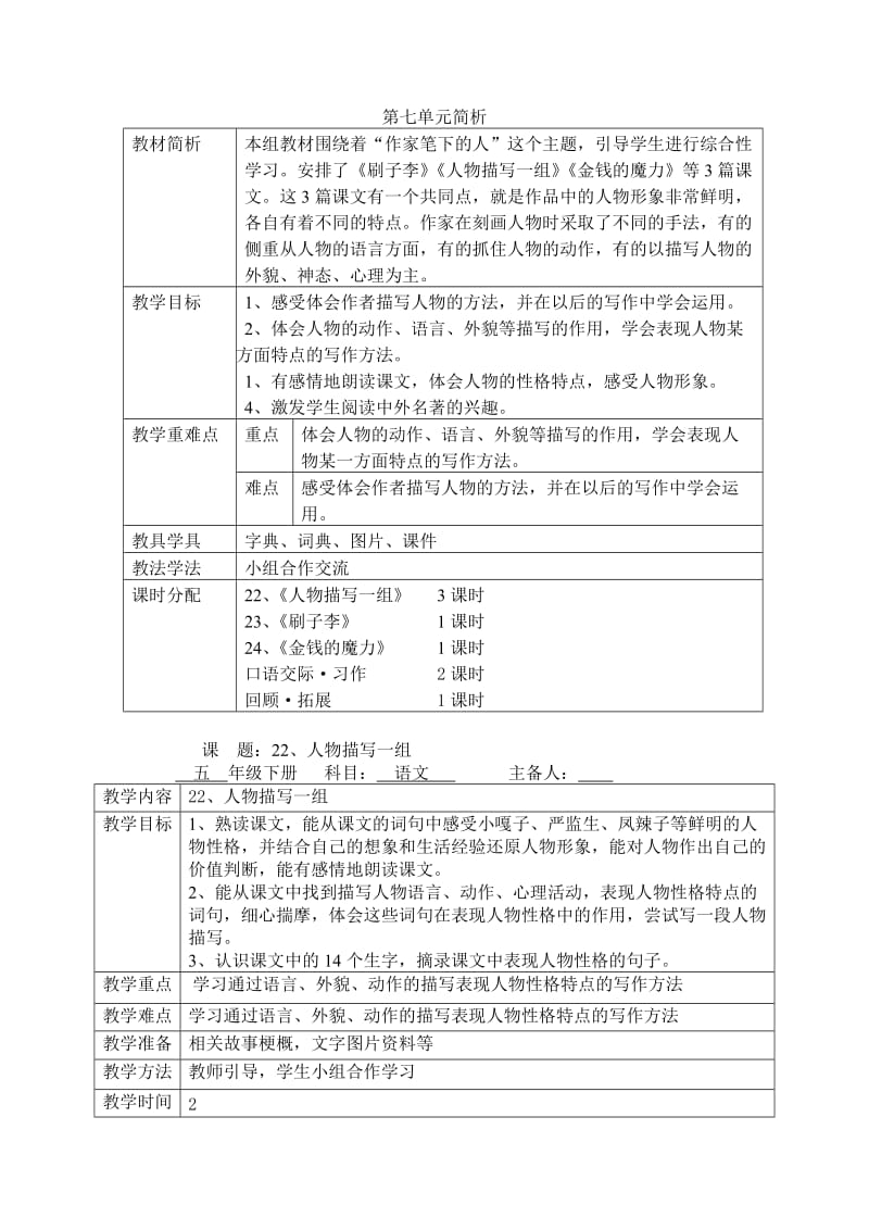 人教新课标五年级语文下第七单元作家笔下的人教案.doc_第1页