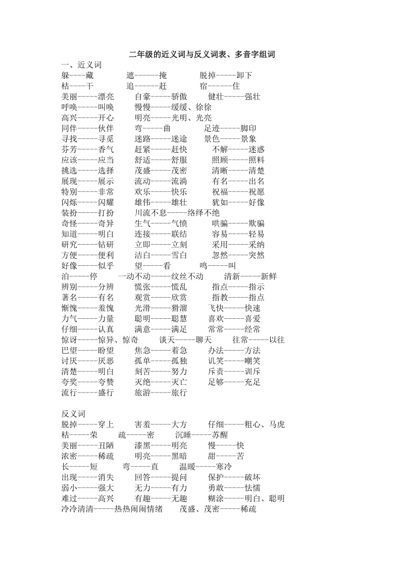 二年级的近义词与反义词表、多音字组词.doc_第1页