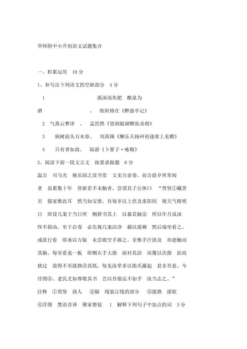 华师附中小升初语文试题集合.doc_第1页