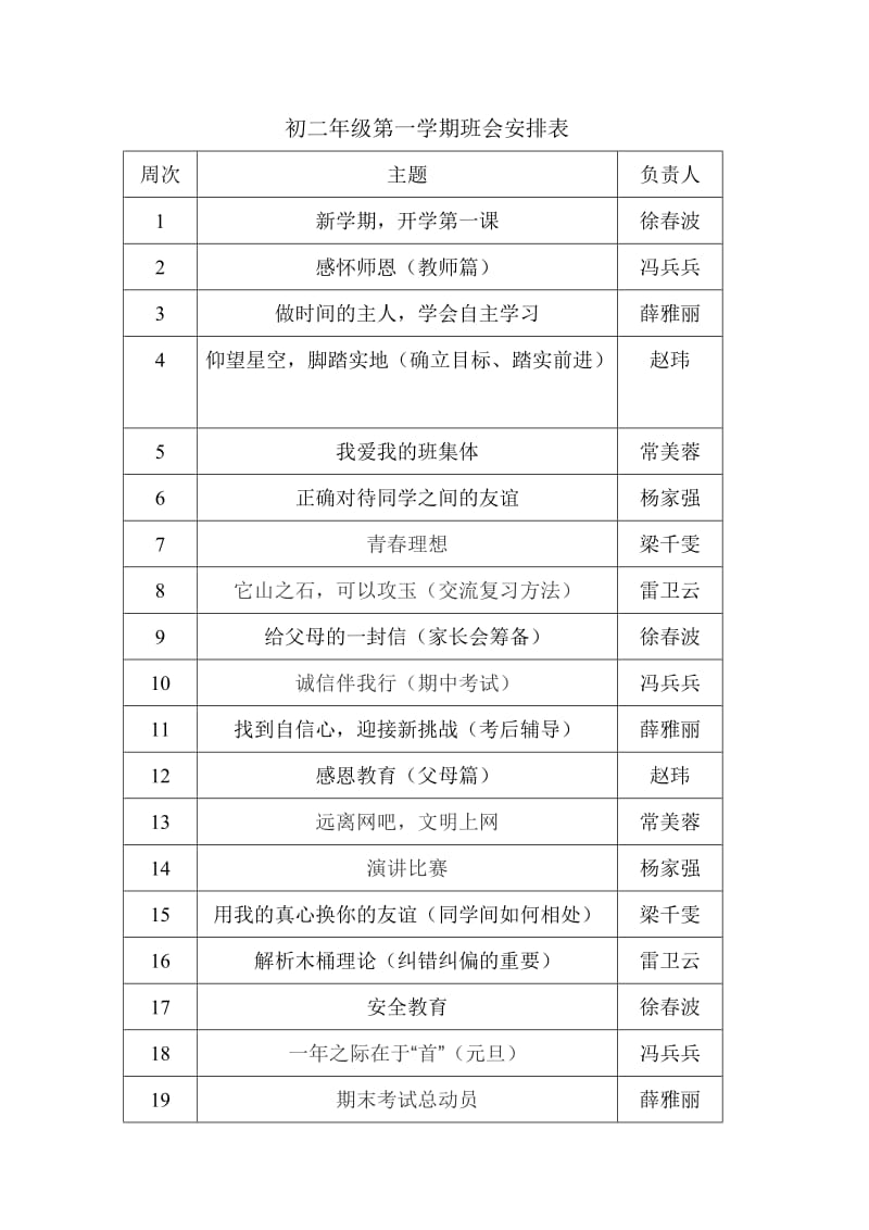 初二年级第一学期班会安排表.doc_第1页