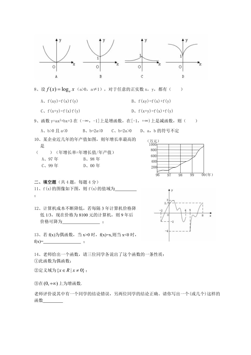 高一数学必修一期末试卷及答案.doc_第2页