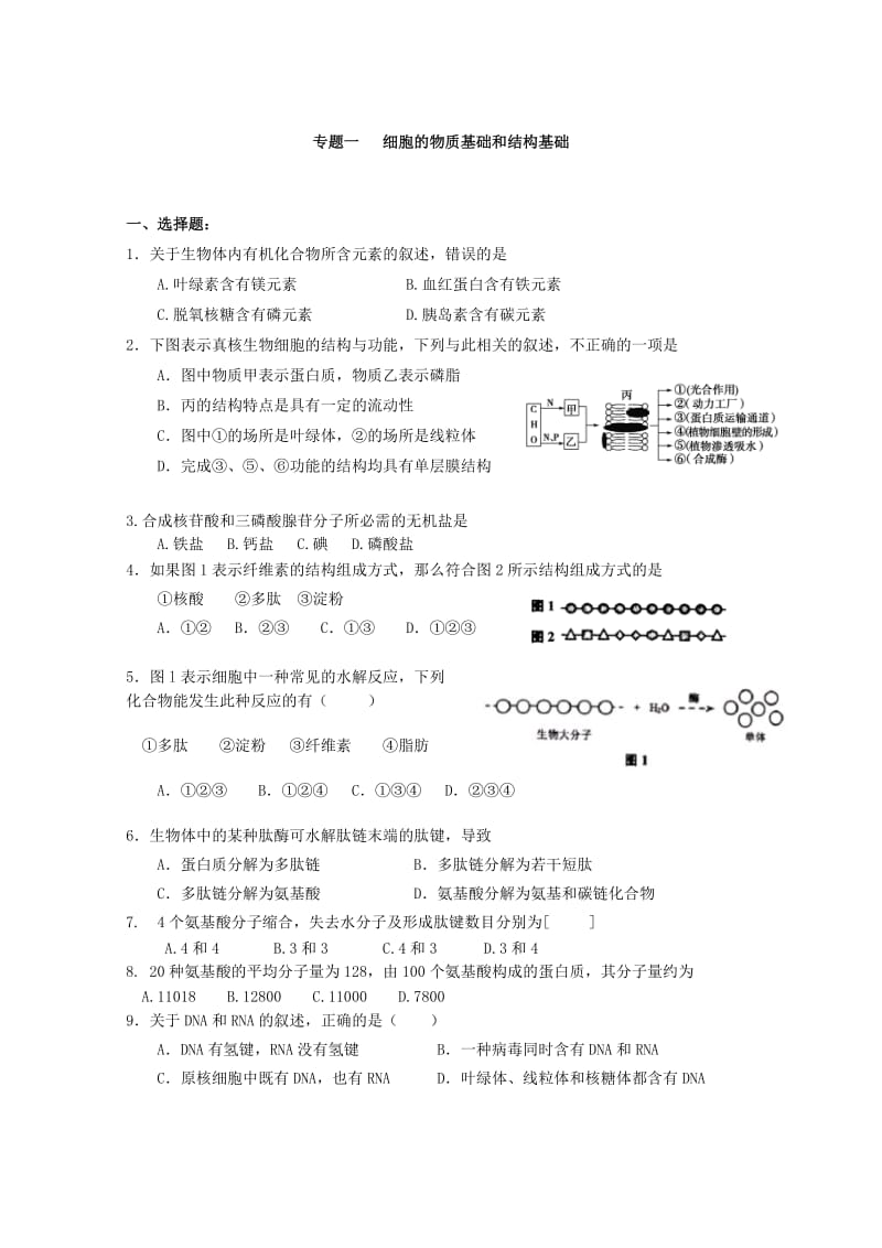 高三生物二轮专题复习专题一细胞的物质基础和结构基础.doc_第1页