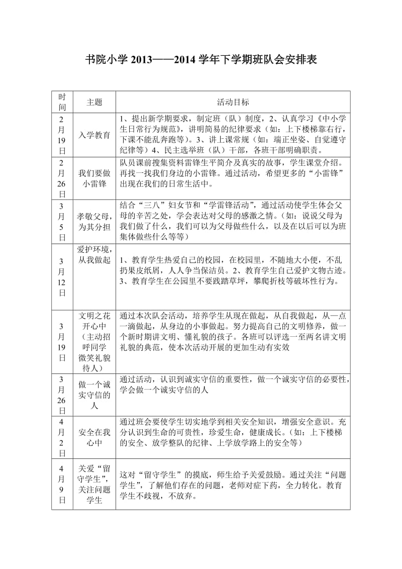 书院小学2013-2014下学期班队会安排表.doc_第1页