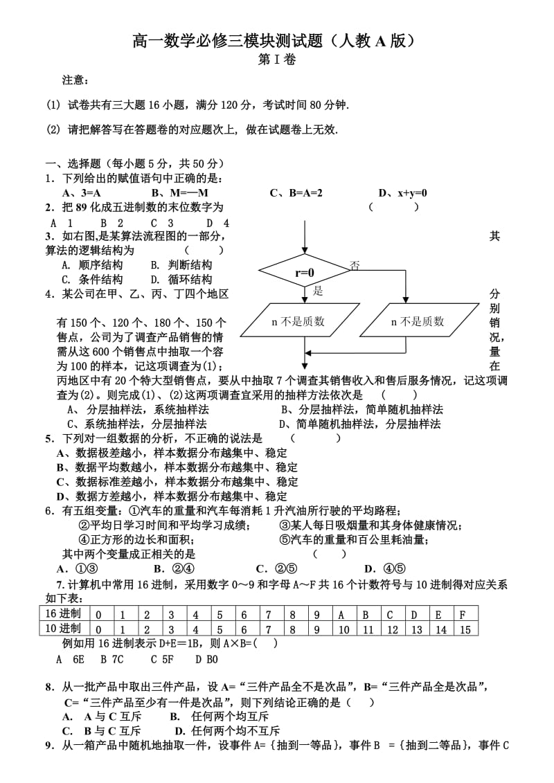 高一数学必修三模块测试题(人教A版).doc_第1页