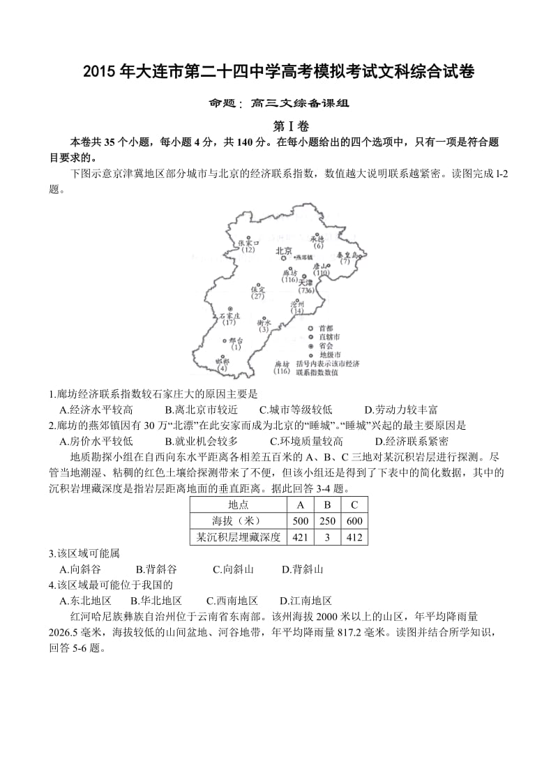 辽宁省大连市第二十四中学2015年高考模拟考试文综试卷.doc_第1页