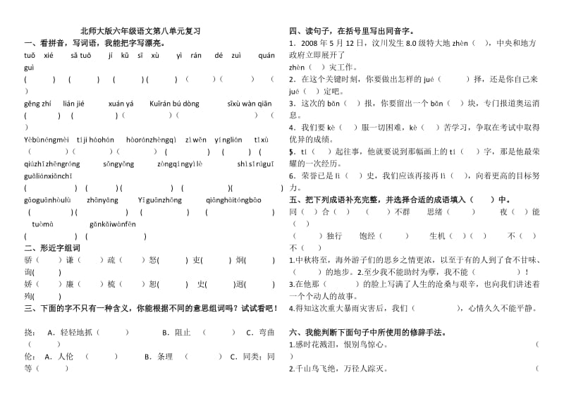 北师大版六年级语文第八单元复习卷.doc_第1页