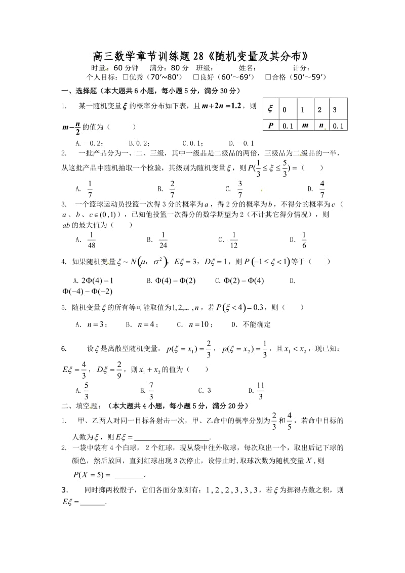 高中数学分章节训练试题：28随机变量及其分布.doc_第1页