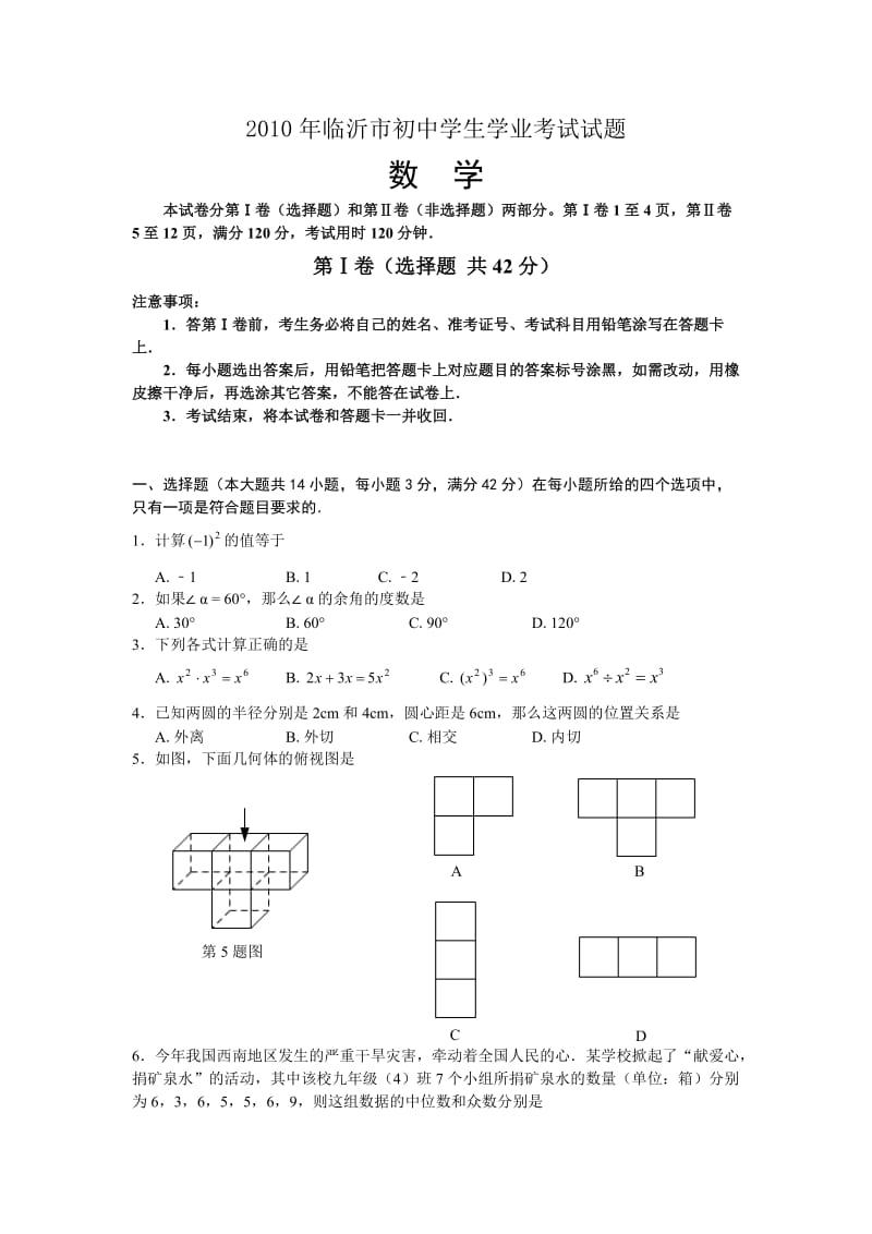 2010年临沂市初中学生学业考试试题(WORD版无答案).doc_第1页