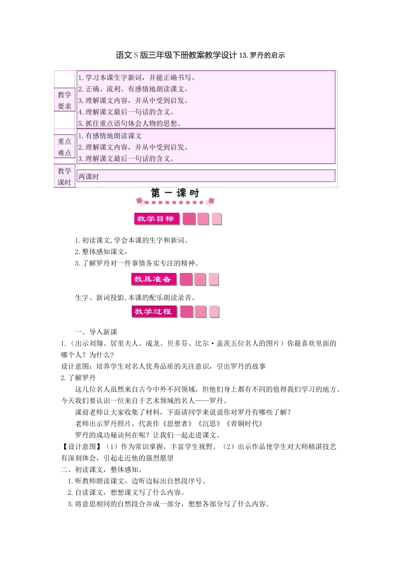 语文S版三年级下册第四单元优课教案教学设计《罗丹的启示》_第1页