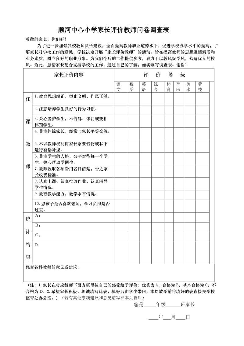 顺河中心小学家长评价教师问卷调查表.doc_第1页