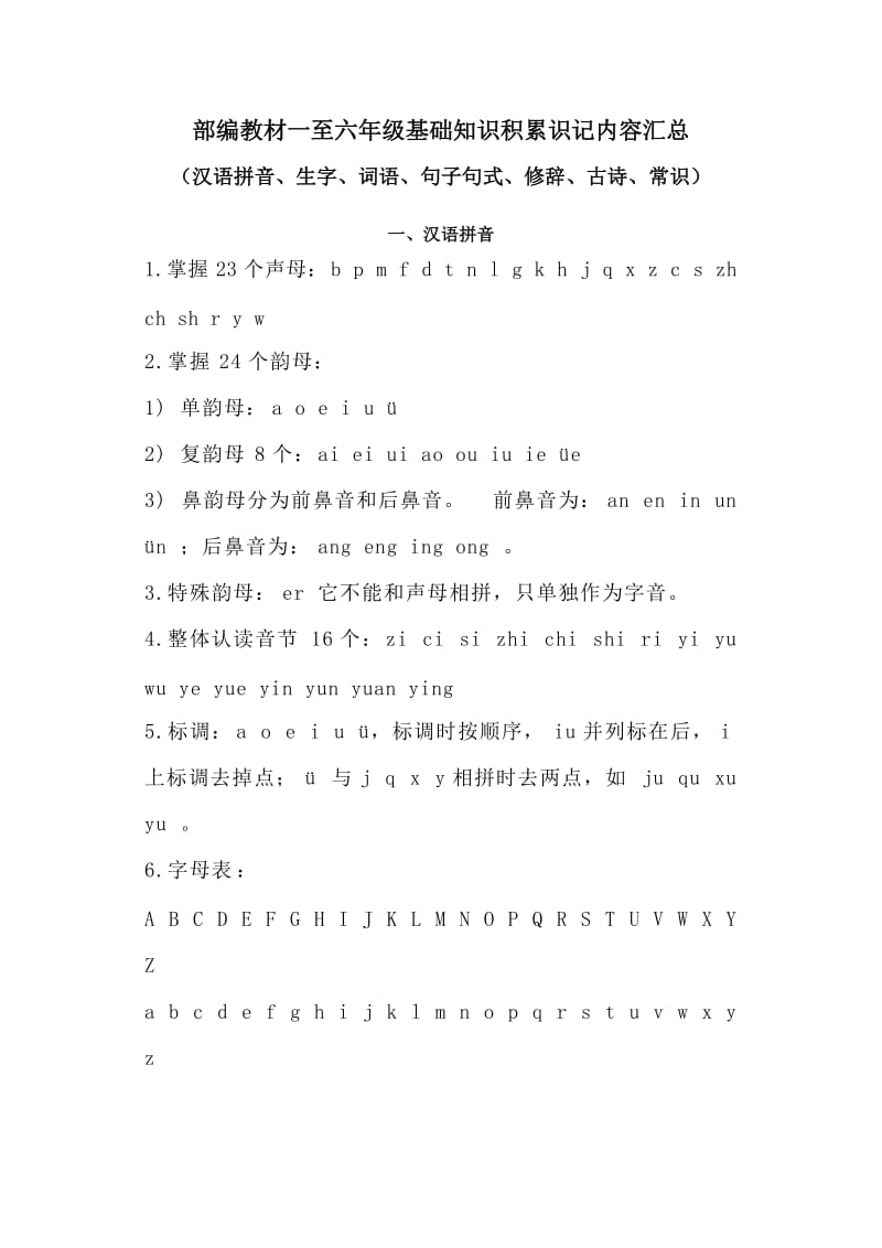 部编教材一至六年级小学语文音字词句修辞古诗常识等内容收藏大全_第1页