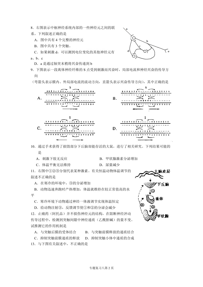 高二年级理科生物复习专题7动物生命活动调节.doc_第2页