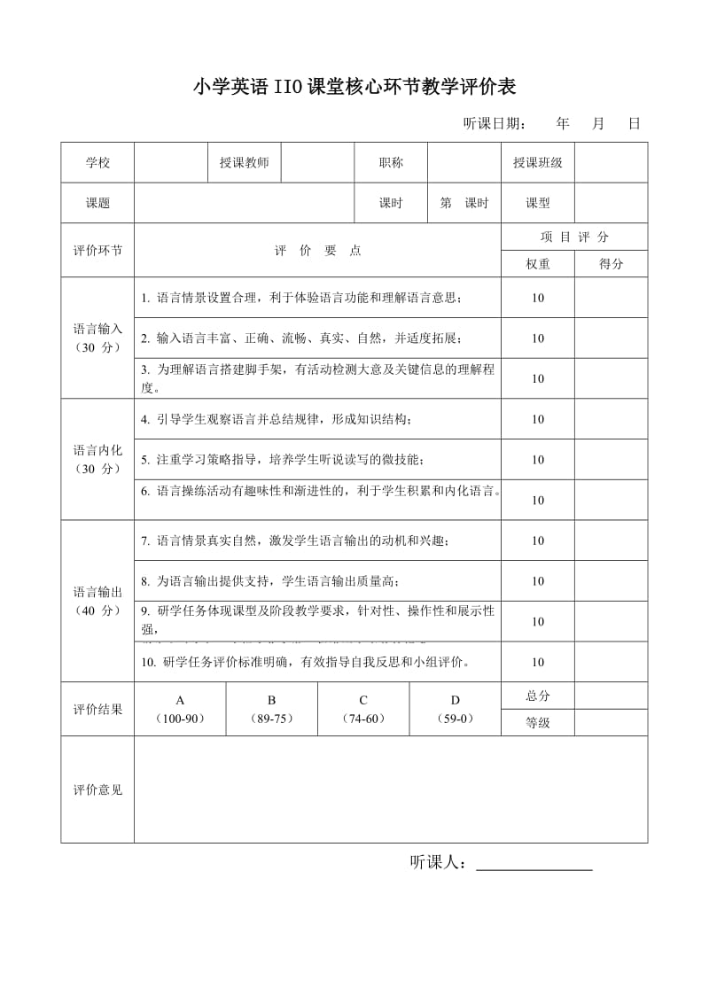 小学英语IIO课堂核心环节教学评价表听课评课表_第1页