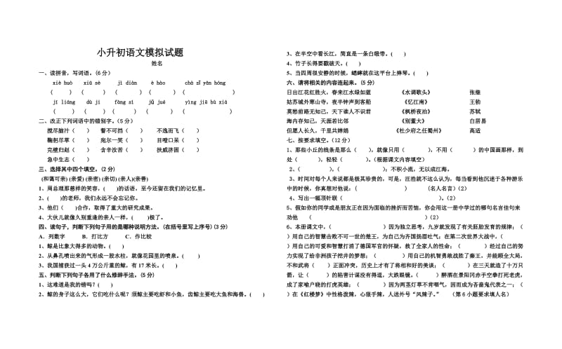 汉滨区小升初语文试题.doc_第1页