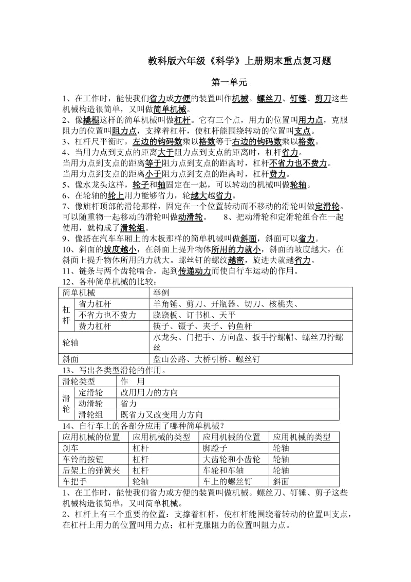 教科版六年级上册科学复习题.doc_第1页