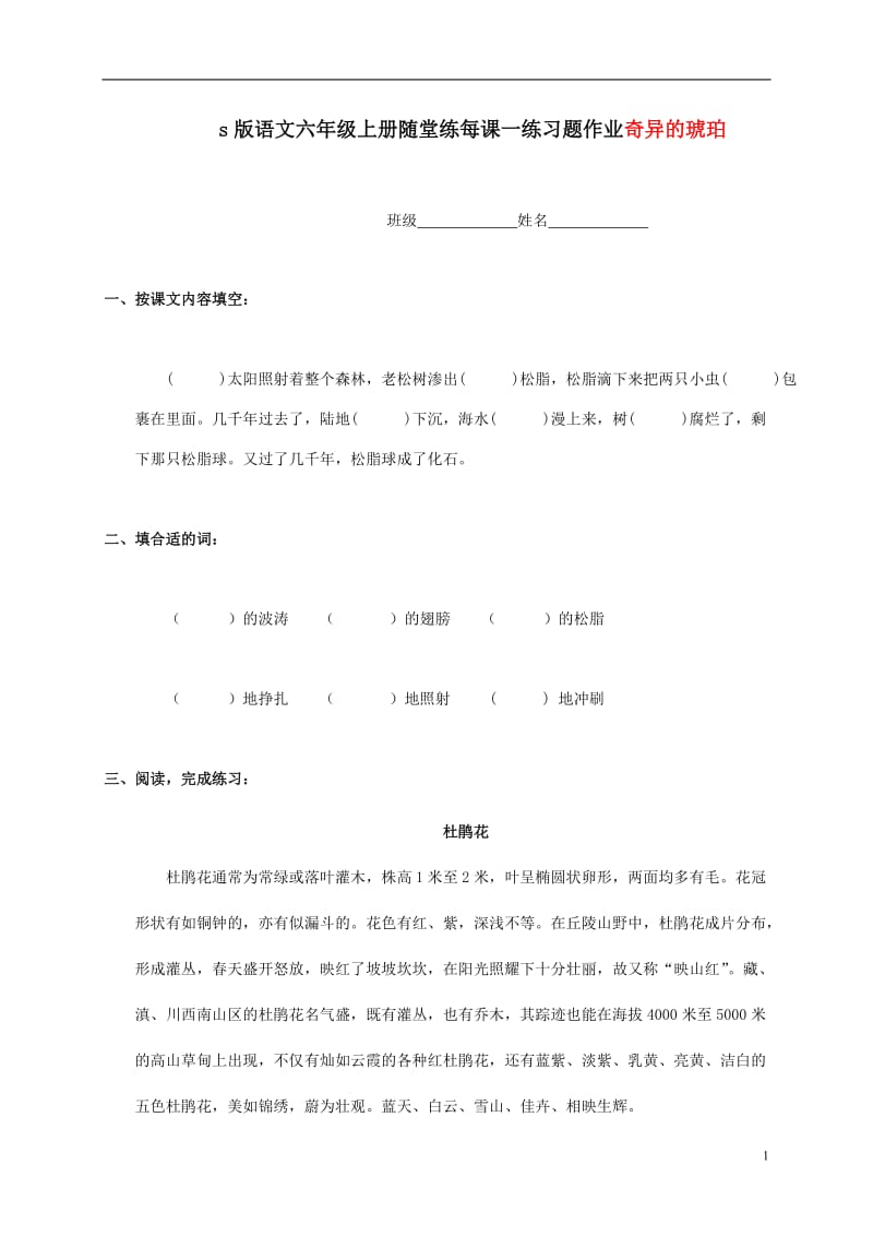 部编版小学语文六年级上册随堂练每课一练习题作业21奇异的琥珀 1_第1页