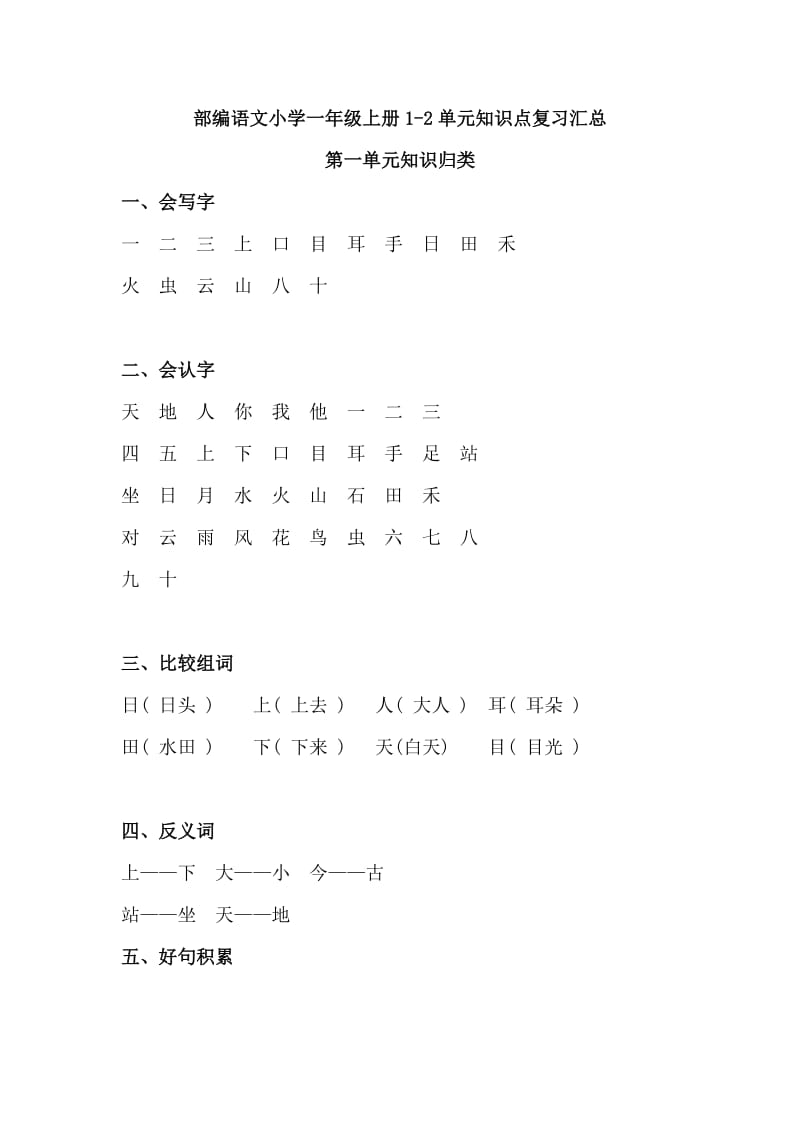 部编语文小学一年级上册前2单元知识点复习汇总有拼音生字词语搭配句子练习_第1页