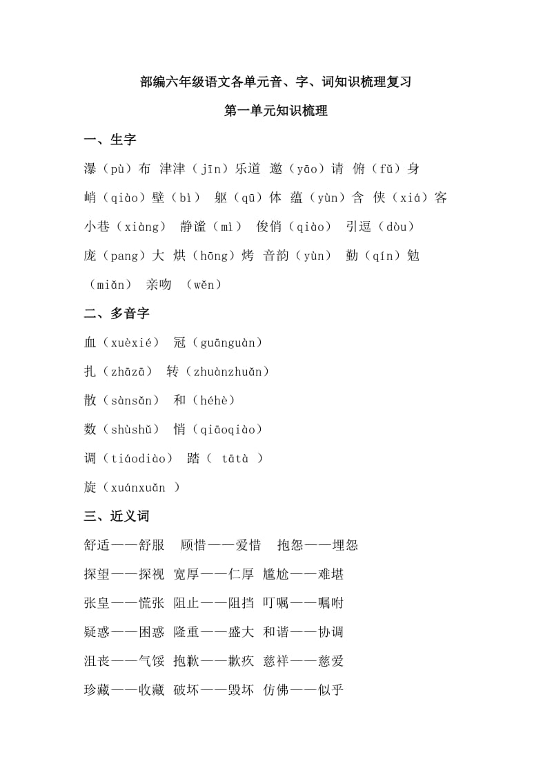 部编六年级语文各单元音、字、词知识梳理复习_第1页