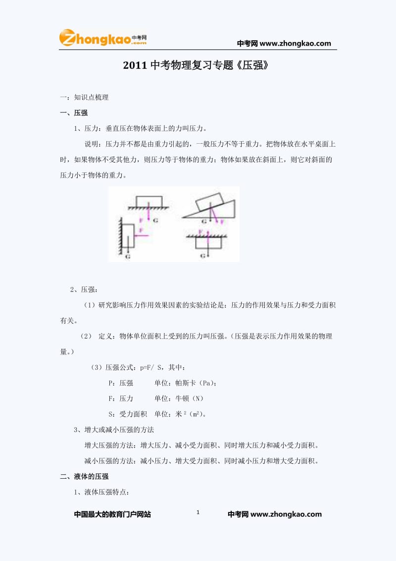 2011年中考物理复习专题21《压强》.doc_第1页