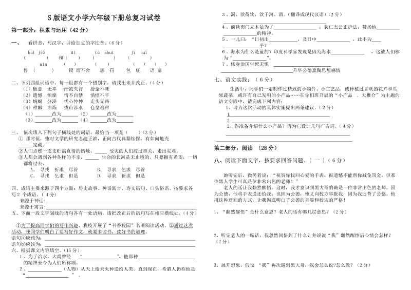 S版语文小学六年级下册总复习试卷_第1页