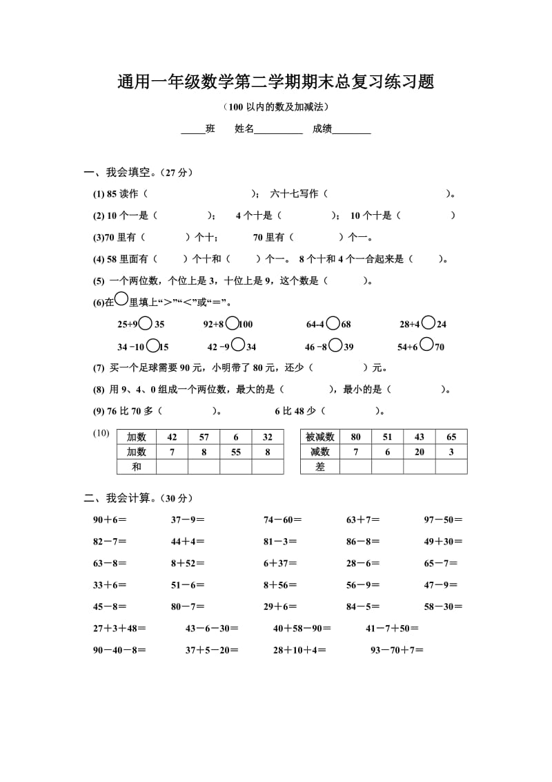 通用一年级数学第二学期期末总复习100以内的数加减法练习题_第1页