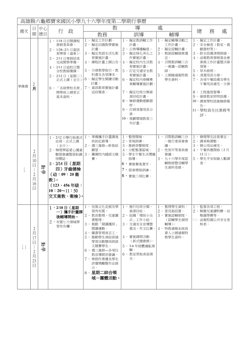 高雄县六龟乡宝来国民小学九十六学年度第二学期行事历.doc_第1页