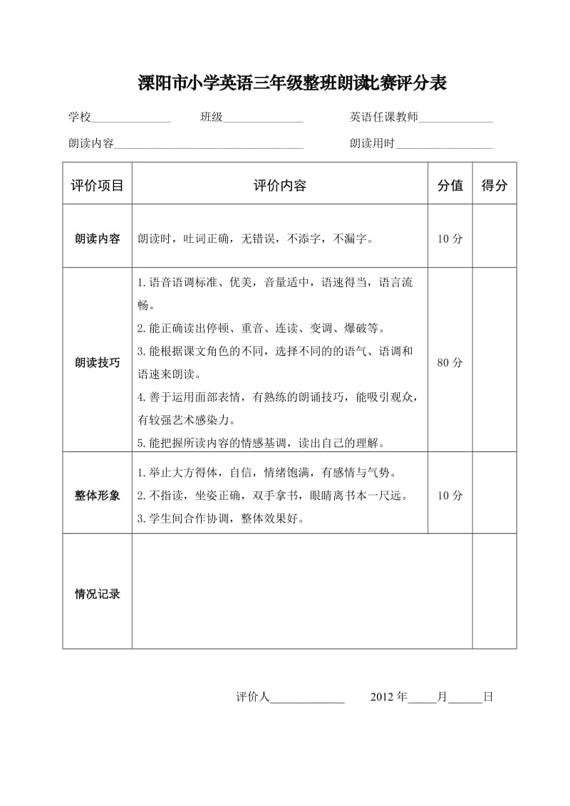 溧阳市小学英语三年级整班朗读比赛评分表.doc_第1页