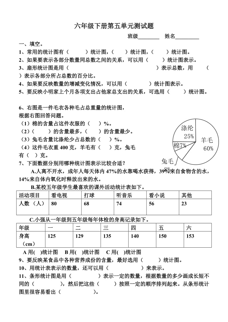 青岛版六年级下册第五单元扇形统计图测试题.doc_第1页