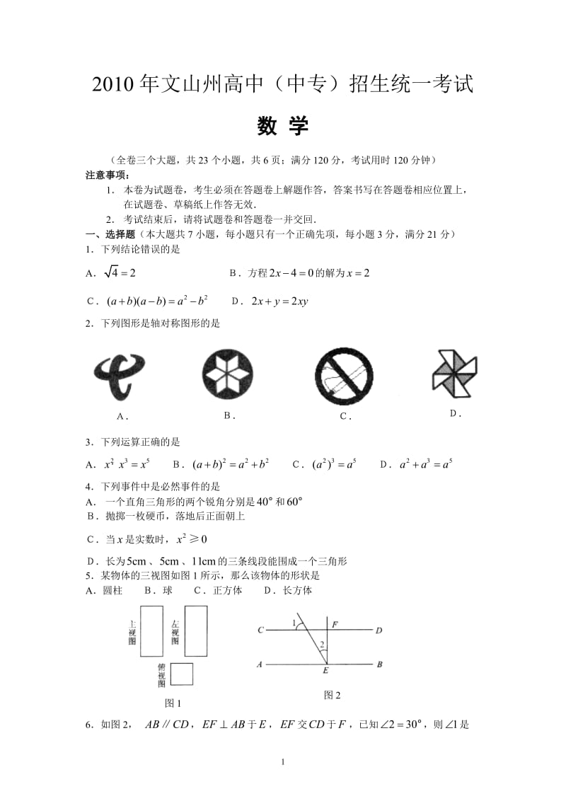 2010年云南省文山中考数学试题及答案.doc_第1页