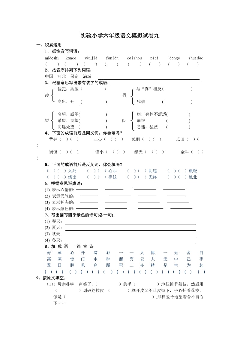 实验小学六年级语文模拟试卷九.doc_第1页