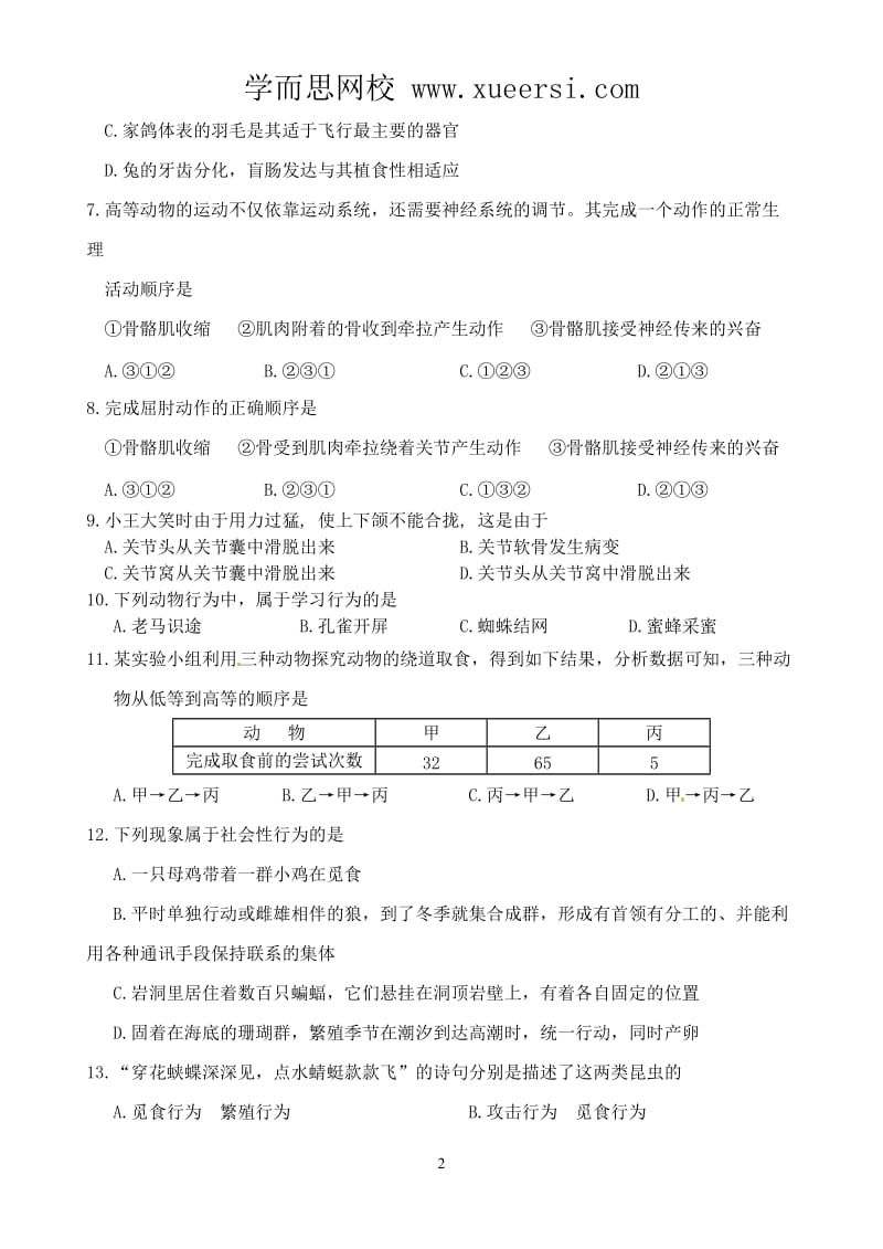 2012年下学期初中新课程同步测试题八年级生物.doc_第2页