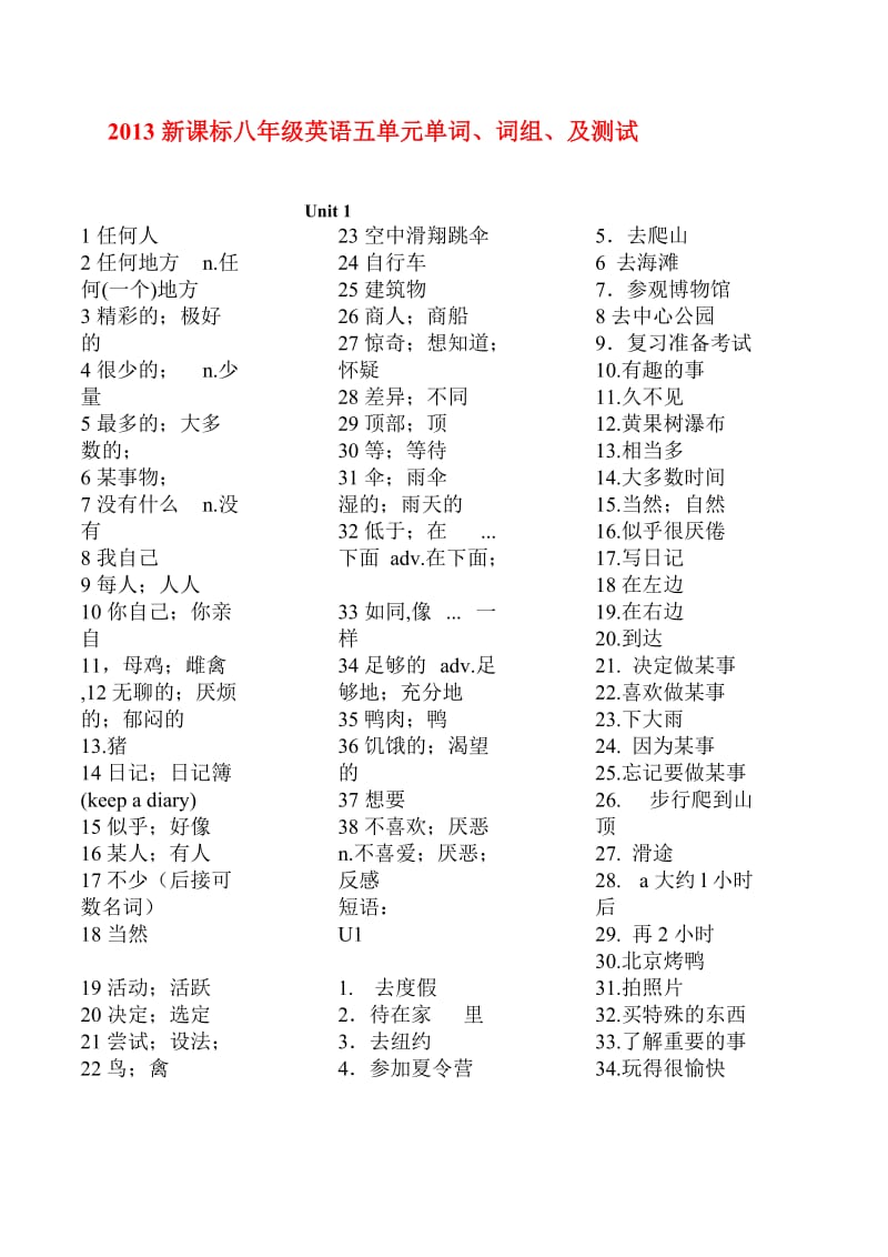 2013新课标八年级英语上五单元单词、词组、及测试(可以打印).doc_第1页